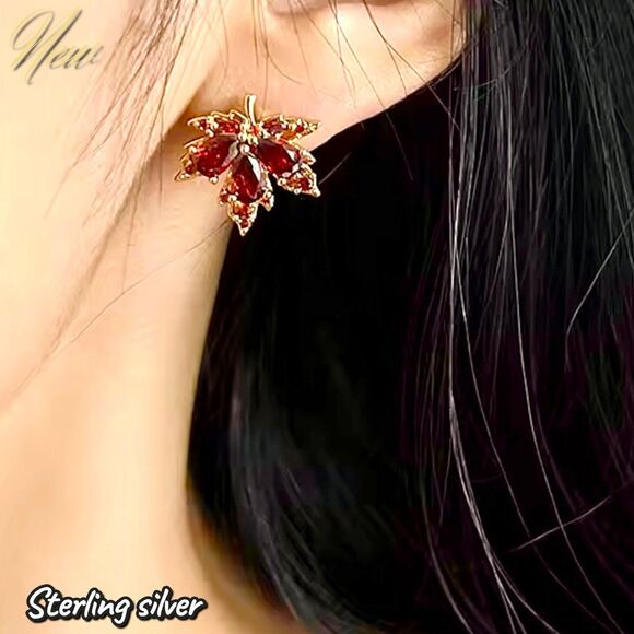 NEW Exclusively Fancy – 925 Sterling Silver Red Maple Leaf Stud Earrings - Picture 2 of 3
